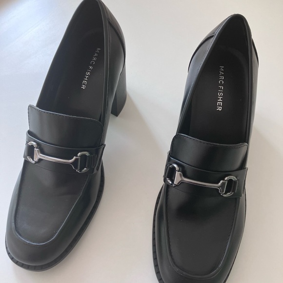MARC FISHER WOMENS BLACK DANCEL HEELS LOAFER HORSE BIT DETAIL SIZE 9.5 - Picture 3 of 7